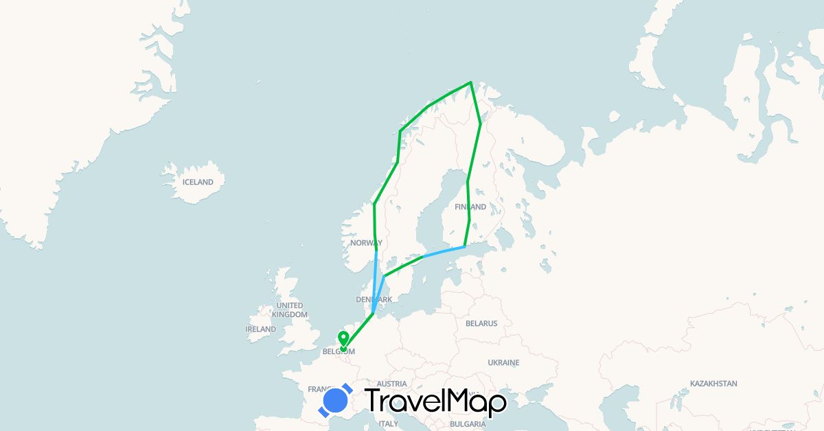 TravelMap itinerary: driving, bus, boat in Belgium, Germany, Finland, Norway, Sweden (Europe)