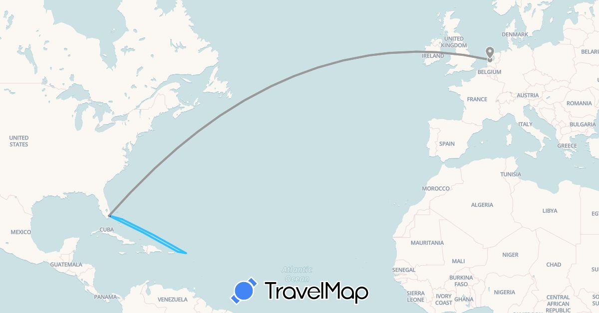 TravelMap itinerary: driving, plane, boat in Bahamas, Netherlands, United States, U.S. Virgin Islands (Europe, North America)