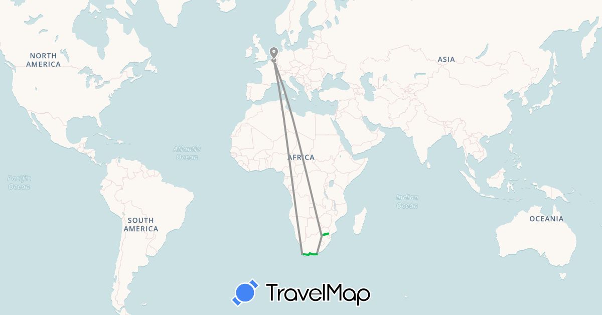 TravelMap itinerary: driving, bus, plane in Belgium, South Africa (Africa, Europe)