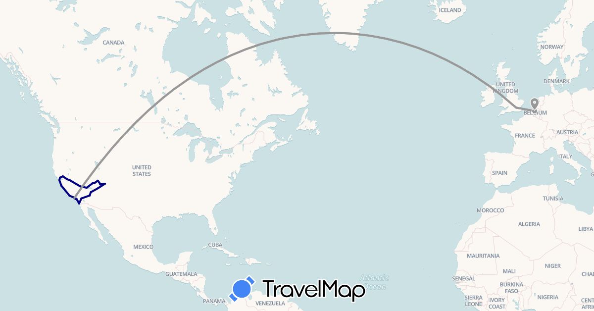 TravelMap itinerary: driving, plane in Belgium, United Kingdom, United States (Europe, North America)