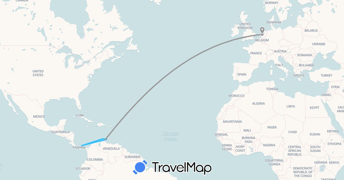 TravelMap itinerary: driving, plane, boat in Aruba, Colombia, Curaçao, Netherlands, Panama (Europe, North America, South America)